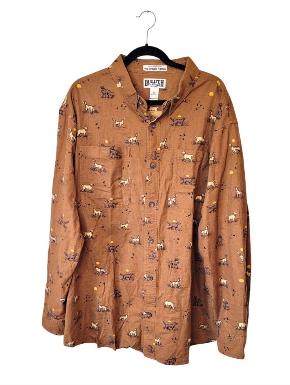 Duluth Trading Co Free Swingin' Flannel Brown Dog & Sun Print Button-Up Shirt 2X